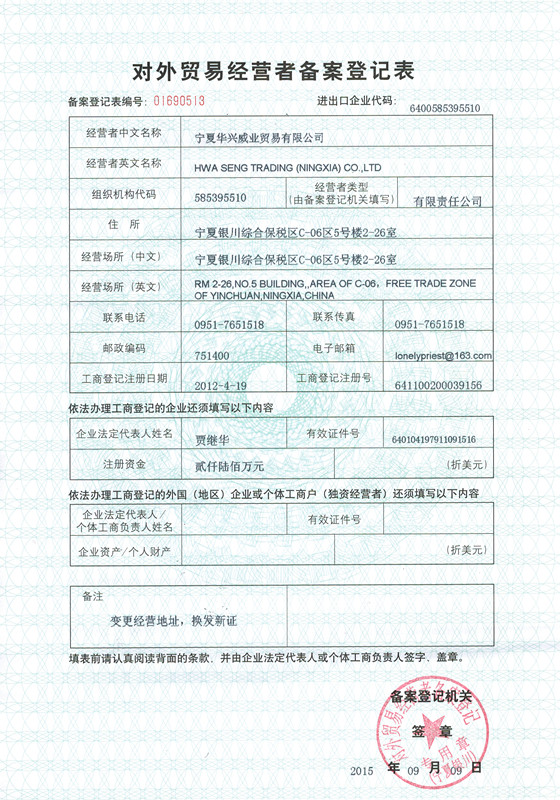 Record Registration Form of Foreign Trade Operator